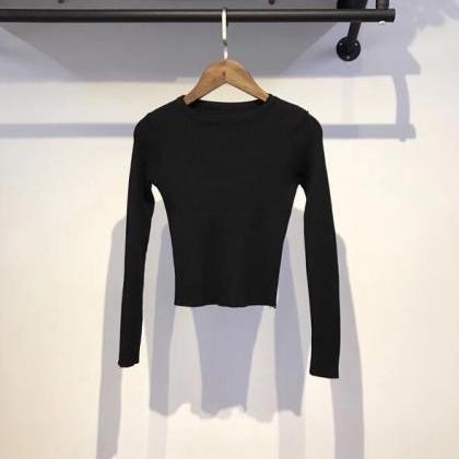 Black Knit Crew Neck Long Sleeves Crop Sweater
