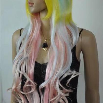 Yellow Pink Women Long Wigs Synthetic Wig