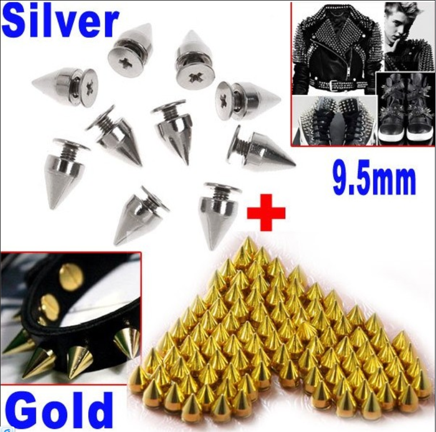 9.5mm 100pcs Silver + 100pcs Gold Metal Bullet Rivet Spikes Stud Punk Bag Belt Leathercraft Accessories Diy